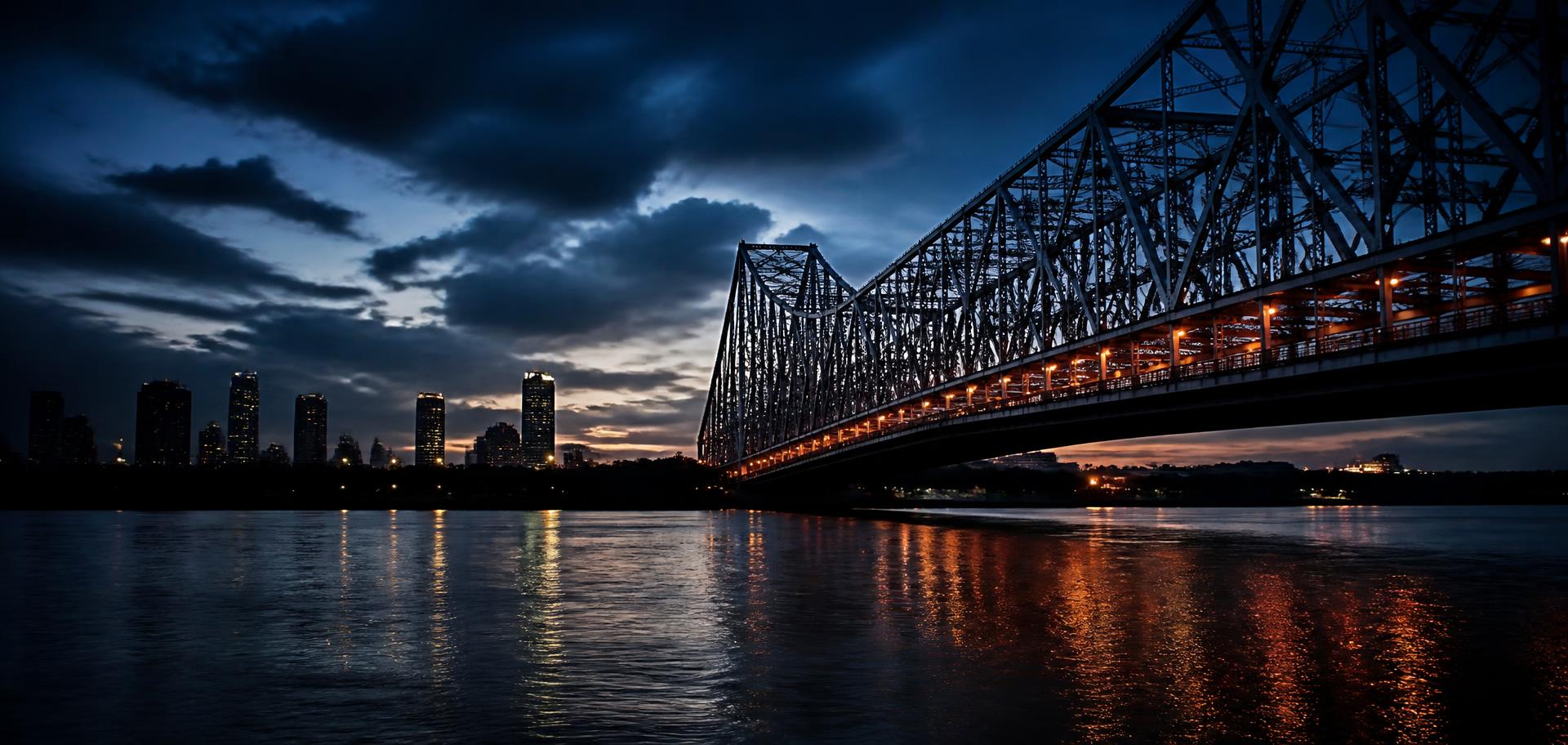 Modern Kolkata skyline and Howrah Bridge at twilight